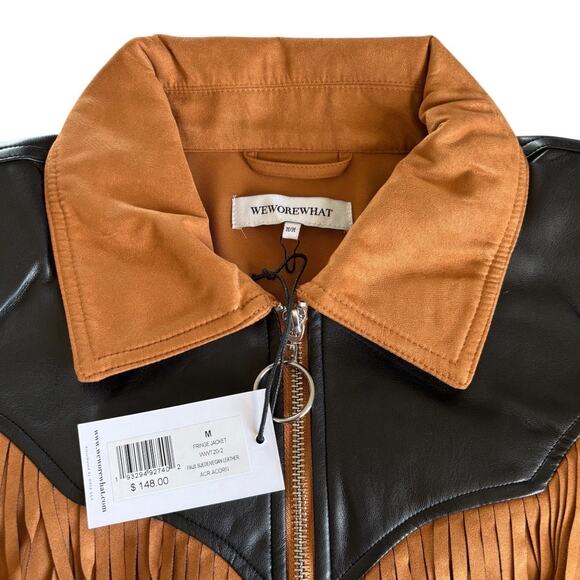WeWoreWhat Fringe Western Faux Suede Jacket Acorn Brown and Black Medium NWT - Picture 4 of 10